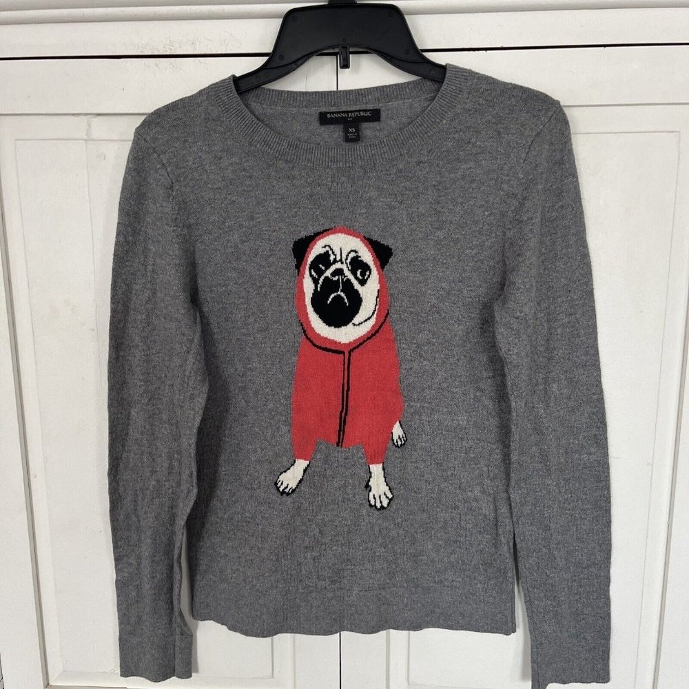 Banana Republic Pullover Sweater Dog Print Gray XS
